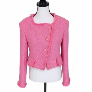 J.run Pink Tweed Jacket Korean Style Cropped Boucle Fringe Blazer Women's Small